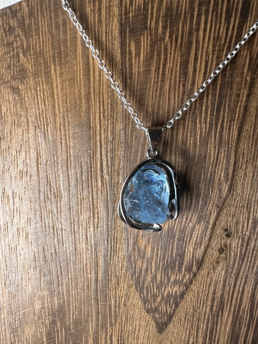 Blue Raw Stone Pendant Necklace - Silver Metal - Picture 5 of 16